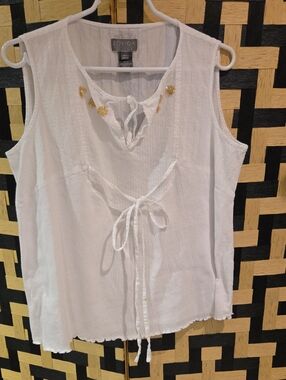 LOVIDA White Sleeveless Tie-Front Tank with Gold Bead Accents
